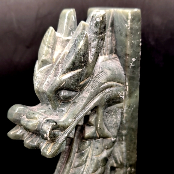 Vintage Pair Hand Carved Solid Genuine Green Jade Dragon Bookends - 10" Tall - Picture 10 of 15